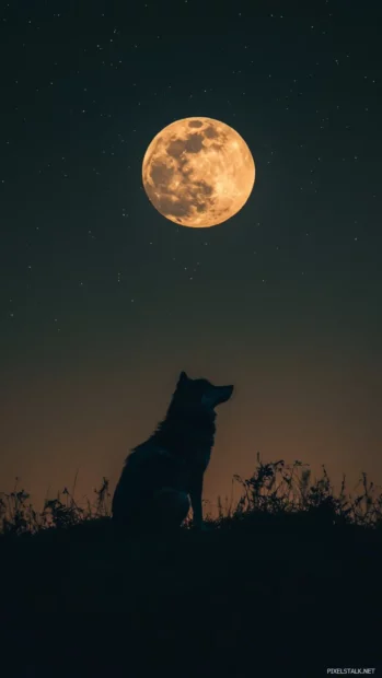 A glowing vertical full moon above a sitting wolf on a dark field.