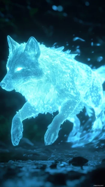 A glowing white wolf in motion, rendered in stylized 3D, featured in this stunning 3D wolf wallpaper.