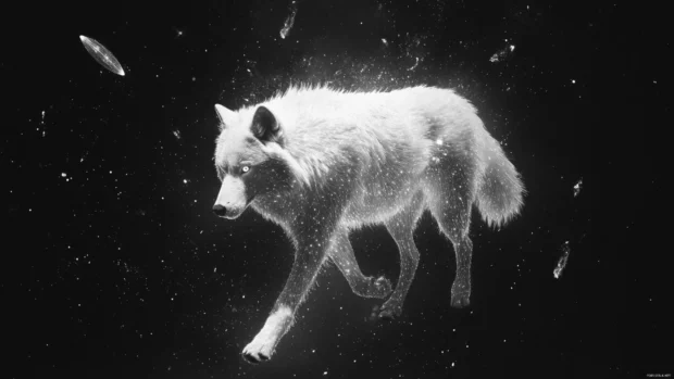 A glowing white wolf walking through a rift in the stars with comets flying past.