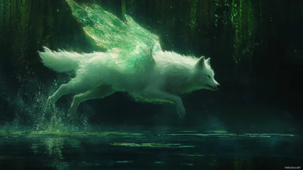 A glowing white wolf with crystalline wings flying over an enchanted river.