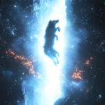A glowing wolf figure flying vertically across a cosmic rift.