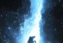 A glowing wolf figure flying vertically across a cosmic rift.