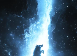 A glowing wolf figure flying vertically across a cosmic rift.