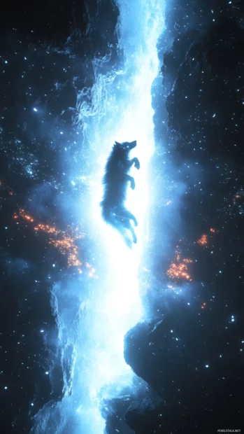 A glowing wolf figure flying vertically across a cosmic rift.