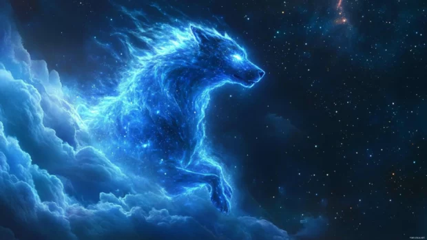 A glowing wolf formed from stars leaps over constellations.