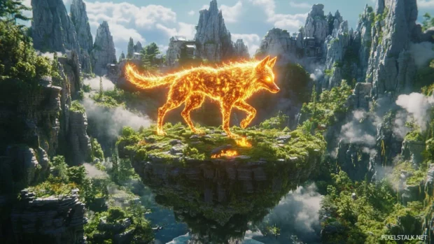 A glowing wolf made from fire circles a floating mountain island.