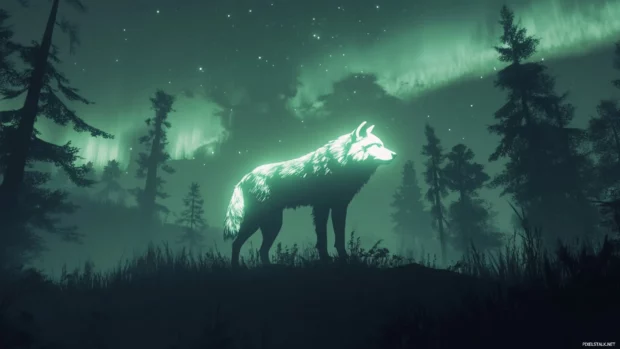 A glowing wolf outlined by stars appears above a distant treeline beneath the northern lights.