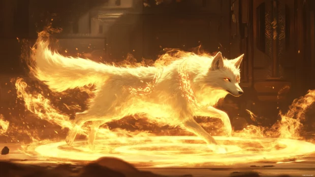 A glowing wolf runs through rings of fire in a mystical ritual arena.