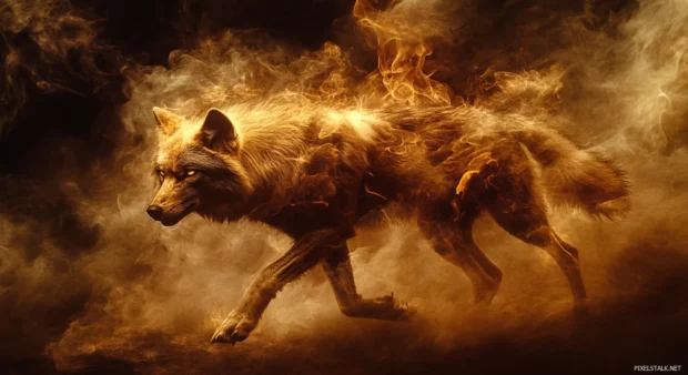 A golden fire wolf walks calmly through wildfire smoke.