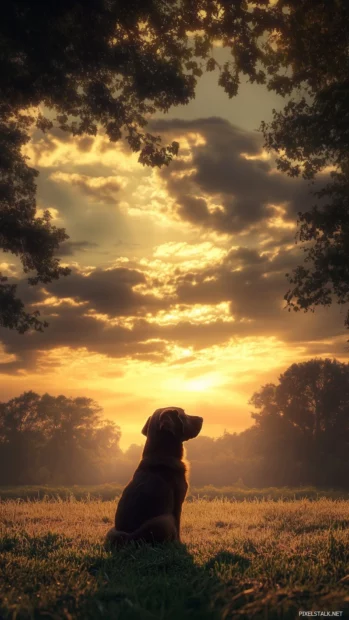 A golden hour sky framed by silhouettes of trees, with sunlight streaming through scattered clouds.