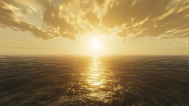 A golden hour sky over a horizon, with the sun casting long rays through scattered clouds.