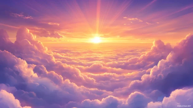 A golden hour sky over a horizon, with the sun casting long rays through scattered clouds.