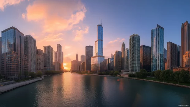 A golden hour view of Chicago skyline from the river, highlighting the Willis Tower and iconic skyscrapers.