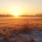 A golden sunrise reveals the stillness of the open field.