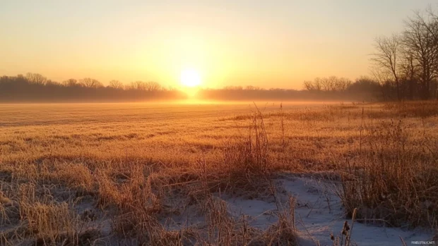 A golden sunrise reveals the stillness of the open field.