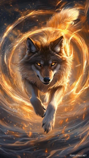 A golden wolf leaps through a ring of light as time fragments around it.