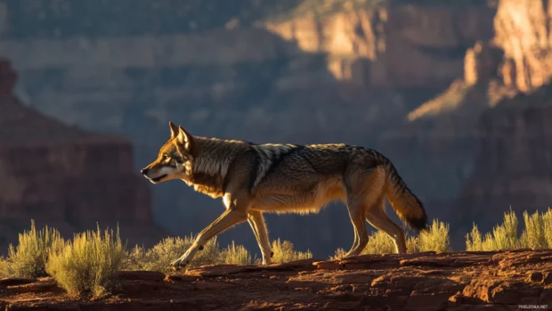 A golden wolf walking confidently along a canyon path with sun rays filtering through.