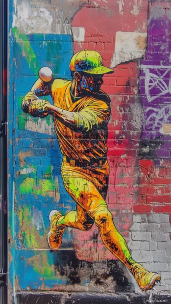 A graffiti style baseball player, spray painted textures blending into an urban cityscape.