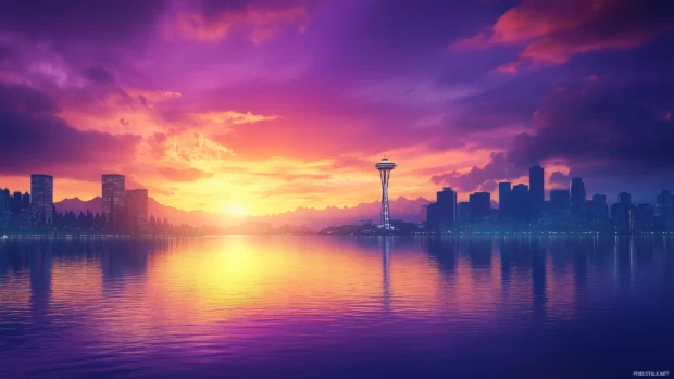 A grand skyline, iconic shapes, purple orange dawn sky.