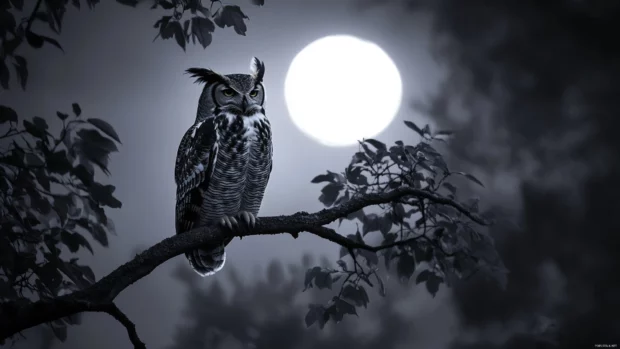 A great horned owl perched on a tree limb under silver moonlight, mist rising gently from the forest floor.