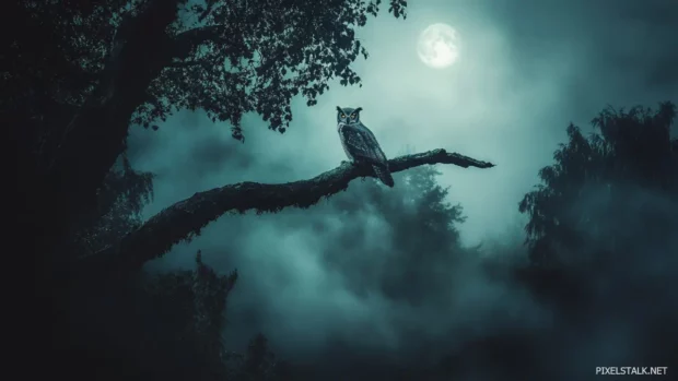 A great horned owl perched on a tree limb under silver moonlight, mist rising gently from the forest floor.