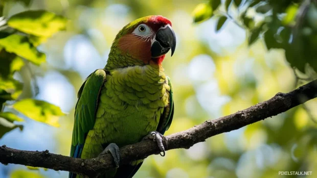A green parrot captured mid screech on a high branch, wild and untamed.