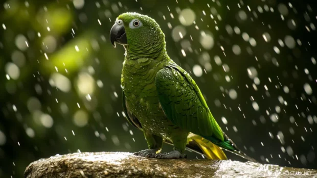 A green parrot standing in the rain, feathers glistening on a stone wall.