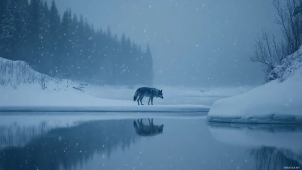 A grey wolf walking quietly along a frozen lake as snow falls in silence.