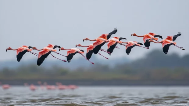A group of flamingos flying in formation above a coastal lagoon, wings spread wide in unison.