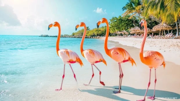 A group of flamingos walking in unison across a pastel beach.