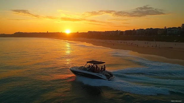 A group of people on a sunrise cruise, with the beach and coastline in the background.