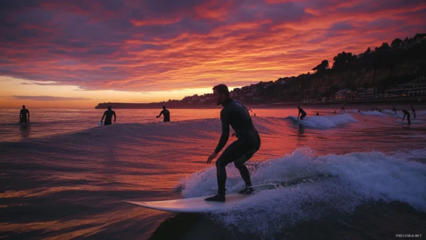 A group of surfers catching the first waves of the day as the sun rises.