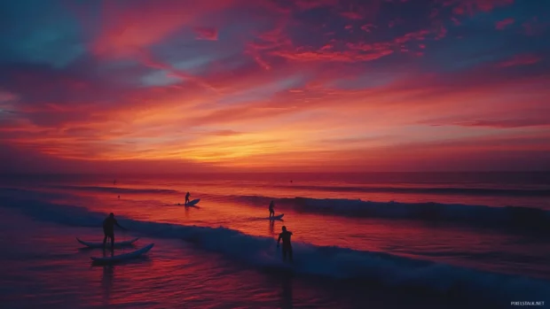 A group of surfers of the day as the sun sets, with a vibrant sky.