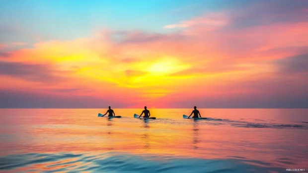 A group of surfers paddling out to catch the last waves of the day as the sun sets.