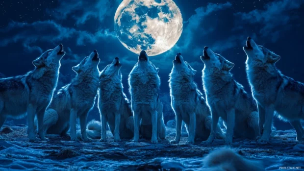 A group of wolves howl together in a circle under the full moon.