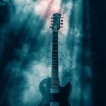 A guitar neck emerging from smoky stage light with visual depth inspired by Guitar silhouette wallpaper for iPhone.