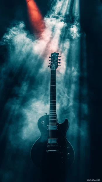 A guitar neck emerging from smoky stage light with visual depth inspired by Guitar silhouette wallpaper for iPhone.