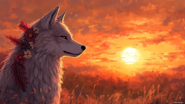 A hand drawn anime wolf looking toward a sunrise with feathers and flowers in its mane.