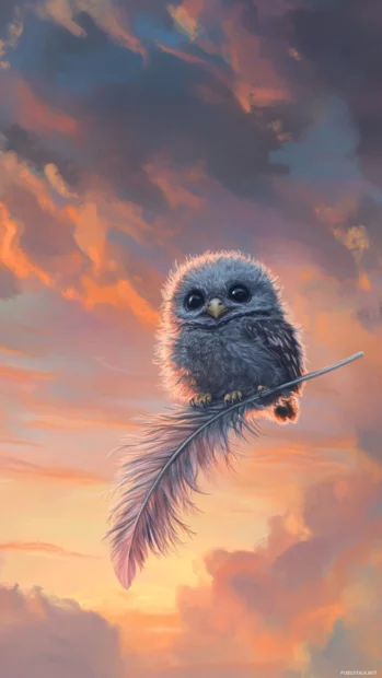 A hand drawn baby owl balancing on a floating feather in soft sunset hues.