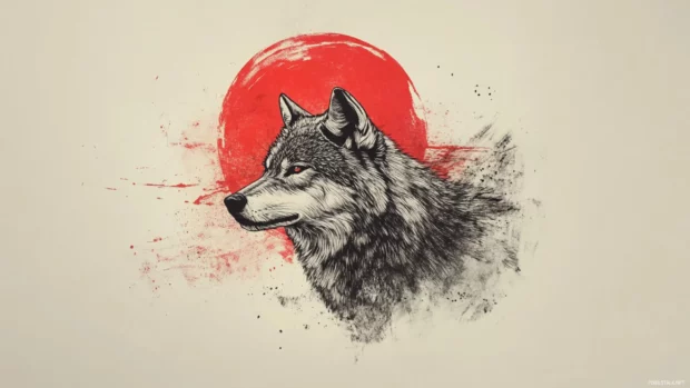A hand inked wolf head in Japanese minimalist style appears near a red sun brush stroke.