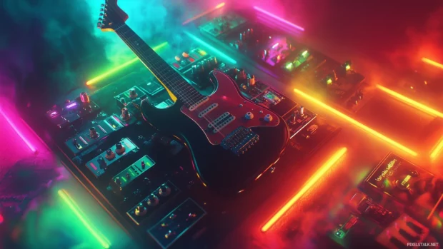 A haunting image of a distorted electric guitar plugged into a pedal board, with vibrant colored lights reflecting off the pedals, creating an energetic and edgy heavy metal ambiance.