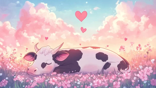 A heart filled sky frames the sleeping cartoon cow in this Cute Kawaii Cow wallpaper aesthetic.