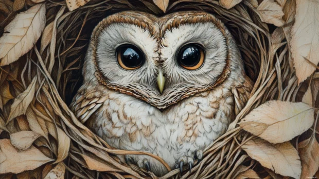 A heart shaped leaf nest cradling a wide eyed owl drawn in colored pencil.