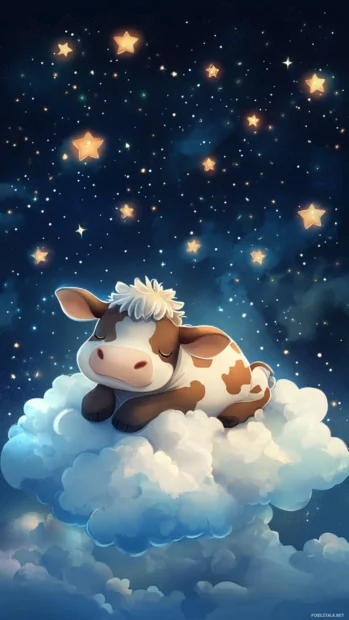 A heartwarming Kawaii Cow resting on a cloud with twinkling stars.