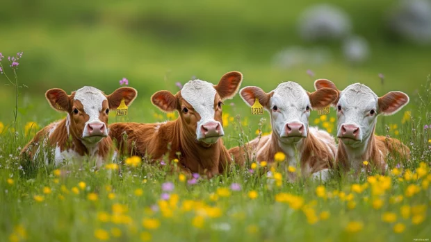 A herd of calves resting in wildflowers in this Cute cow wallpaper.