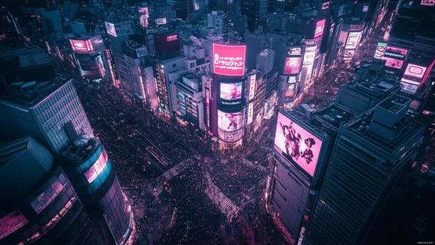 A high angle view of Shibuya Crossing, featuring crowds, illuminated billboards, and lively city lights, capturing Tokyo vibrant energy.
