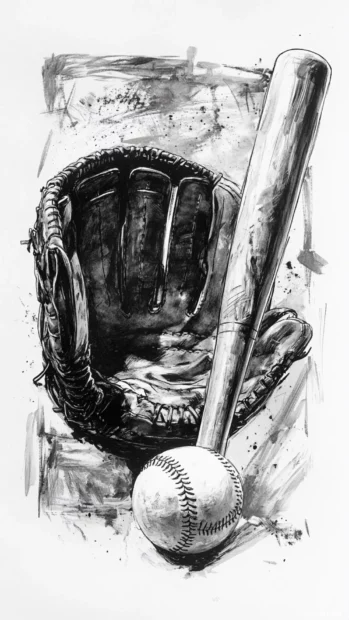 A high contrast ink sketch of a baseball glove, bat, and ball, resembling classic sports comics with black and white tones.