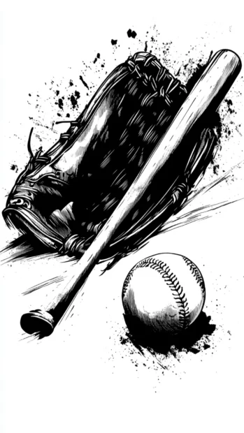 A high contrast ink sketch of a baseball glove, bat, and ball, resembling classic sports comics with black and white tones.