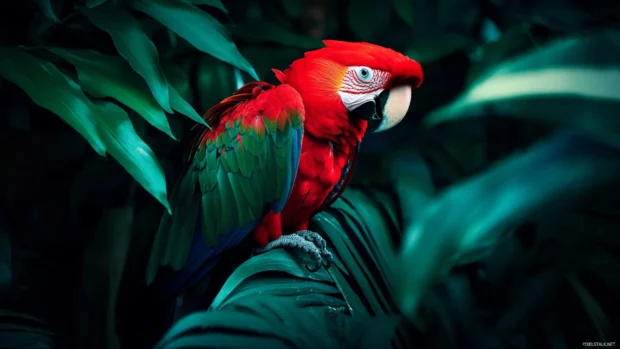 A high contrast jungle image featuring a bright scarlet macaw glowing against deep green leaves.