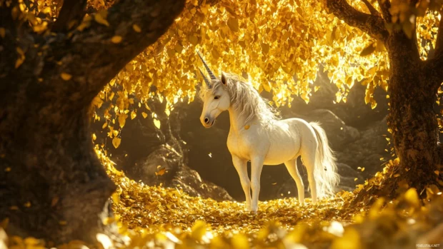 A high detail Unicorn Wallpaper screens showing the unicorn under a golden leaf canopy.